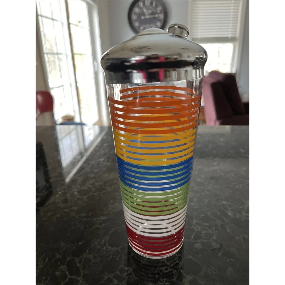 Vintage Rainbow Striped Glass Cocktail Shaker Chrome Lid MCM Retro Colorful